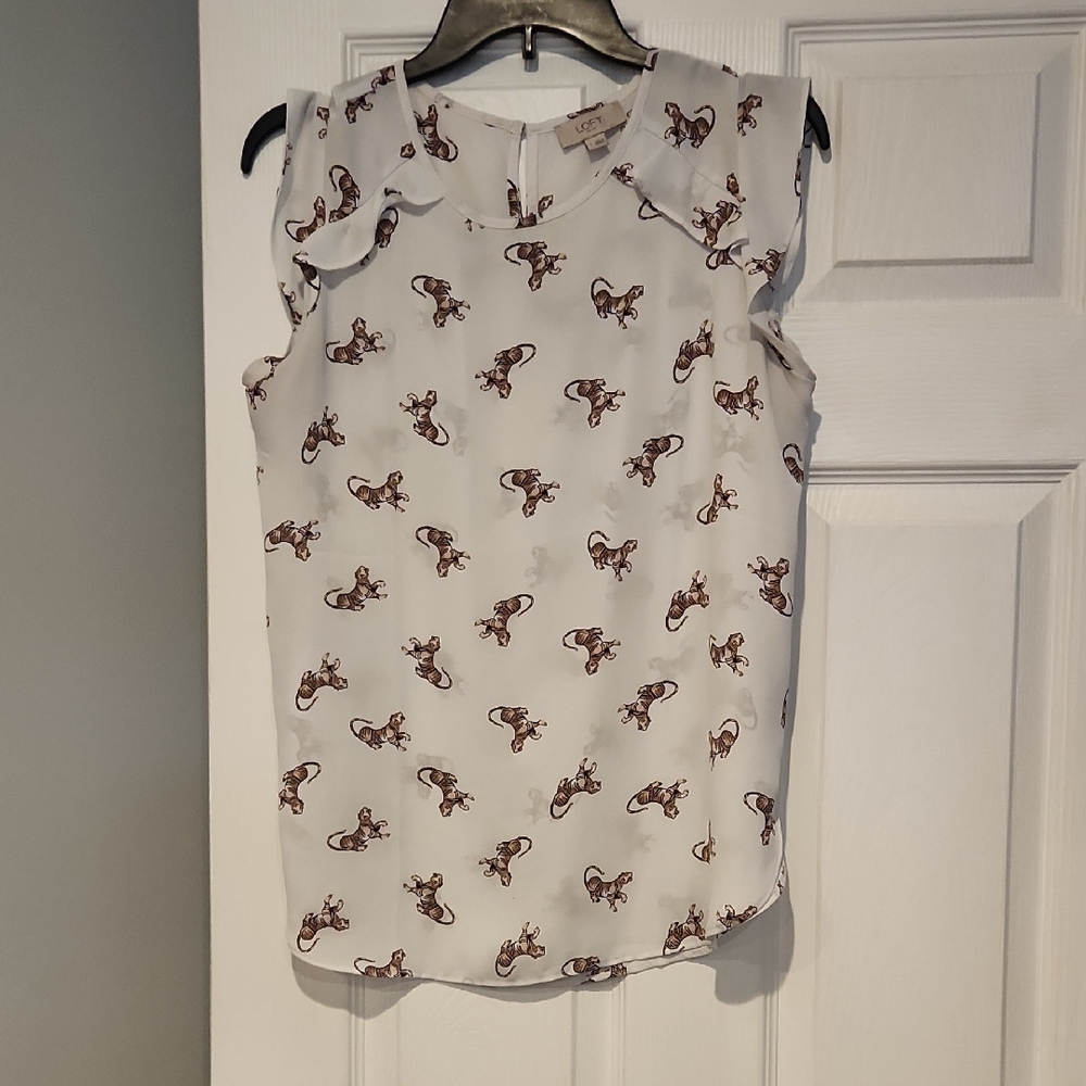 LOFT Women's Blouse - White with Brown Tigers. Sheer Cap Sleeve Size Small
